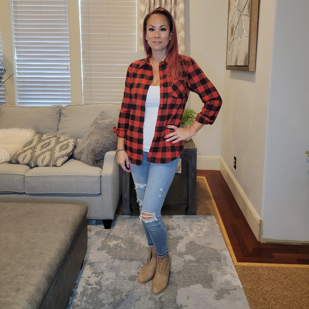 Check Me Out Sherpa Fleece Lined Plaid Flannel Shirt in Red & Black - Picture 8 of 11
